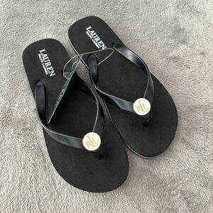 NWT Lauren Ralph Lauren Black Flip Flops Sandals Women's 7 Shoes